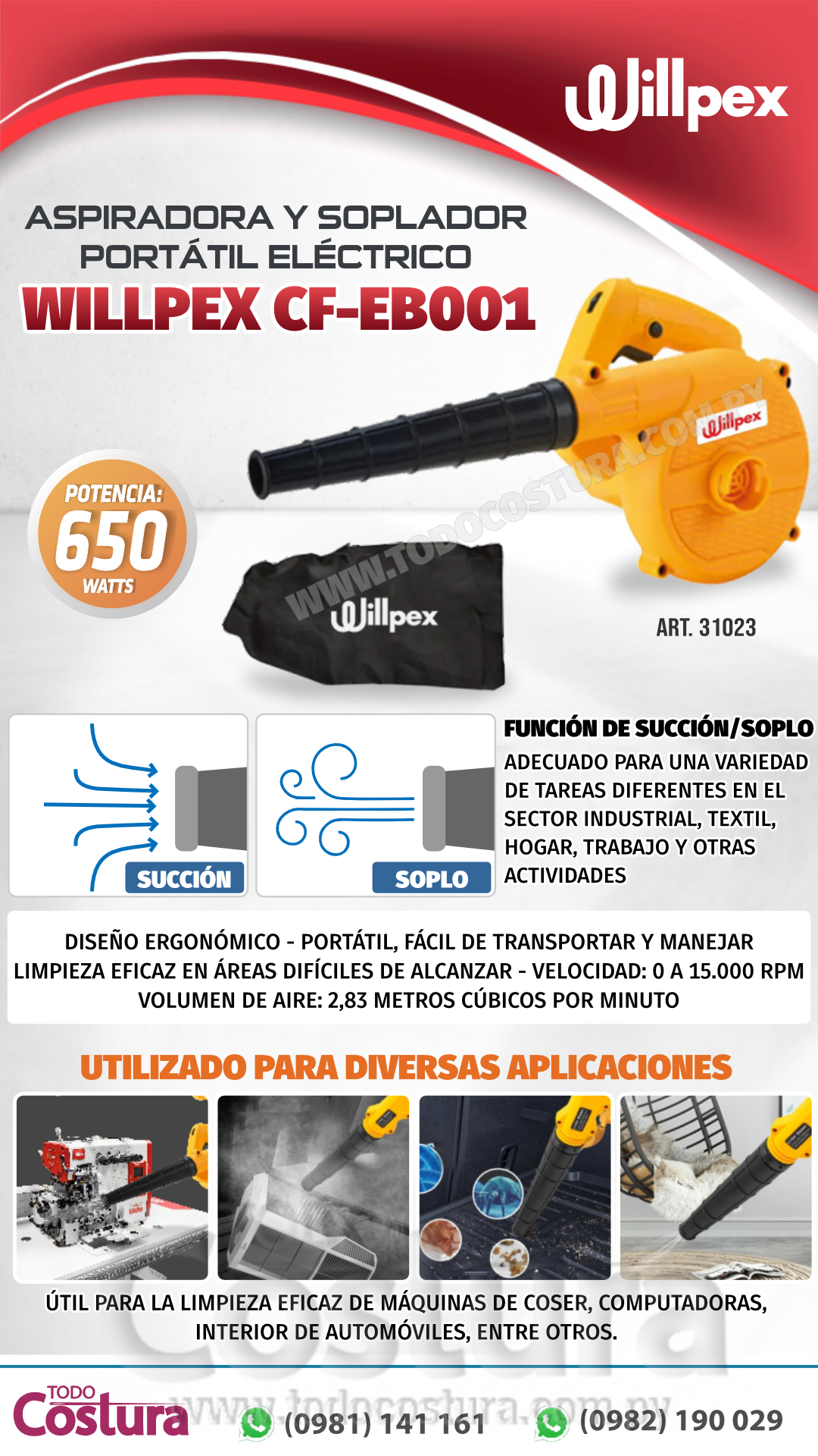 ASPIRADORA Y SOPLADOR PORTATIL ELECTRICO WILLPEX CF-EB001